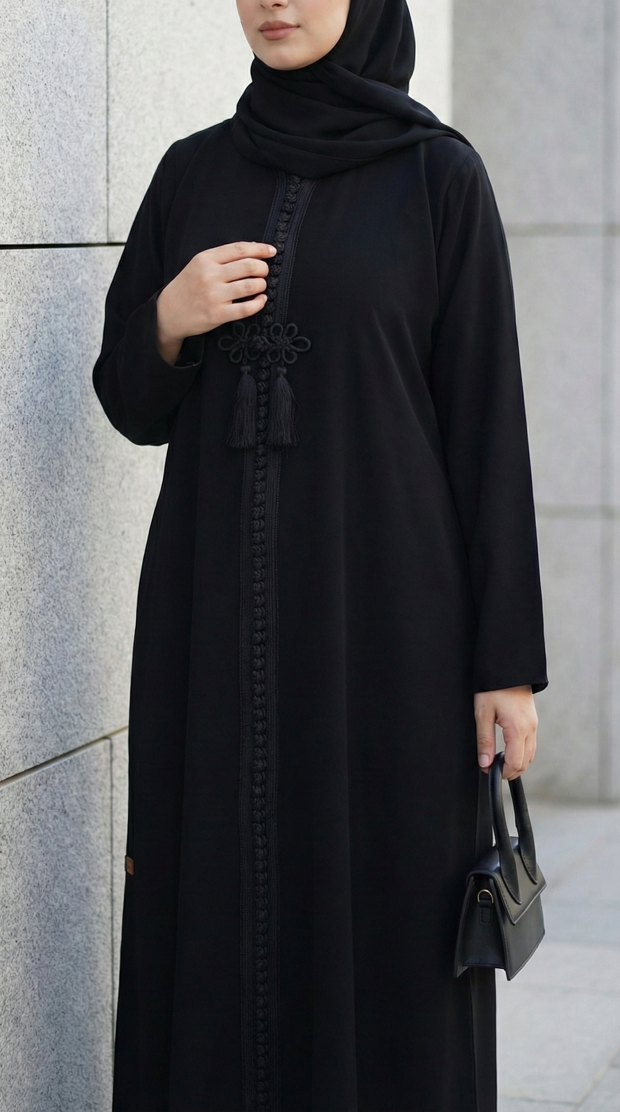 عباية مراكش أنيقة بقصة واسعة ناعمة وخامة كريب سيراميك خفيفة مع تطريز قيطان مغربي تراثي