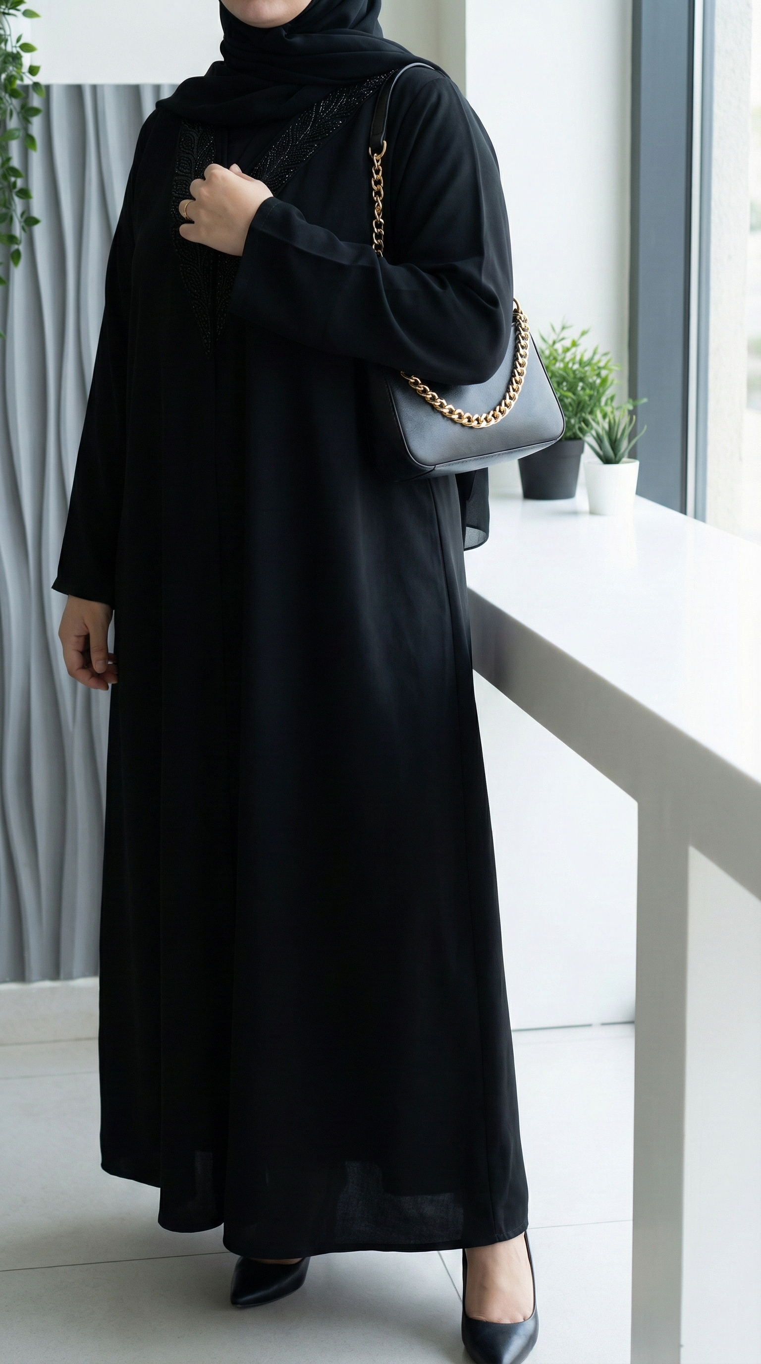 عباية نسائية سوداء بشك يدوي أنيق على أطراف الياقة