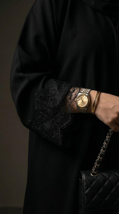 عباية لمسة بقصة كلوش واسعة من كريب ملكي فاخر مع تفاصيل دانتيل أنيقة تضيف لمسة فخامة أنثوية